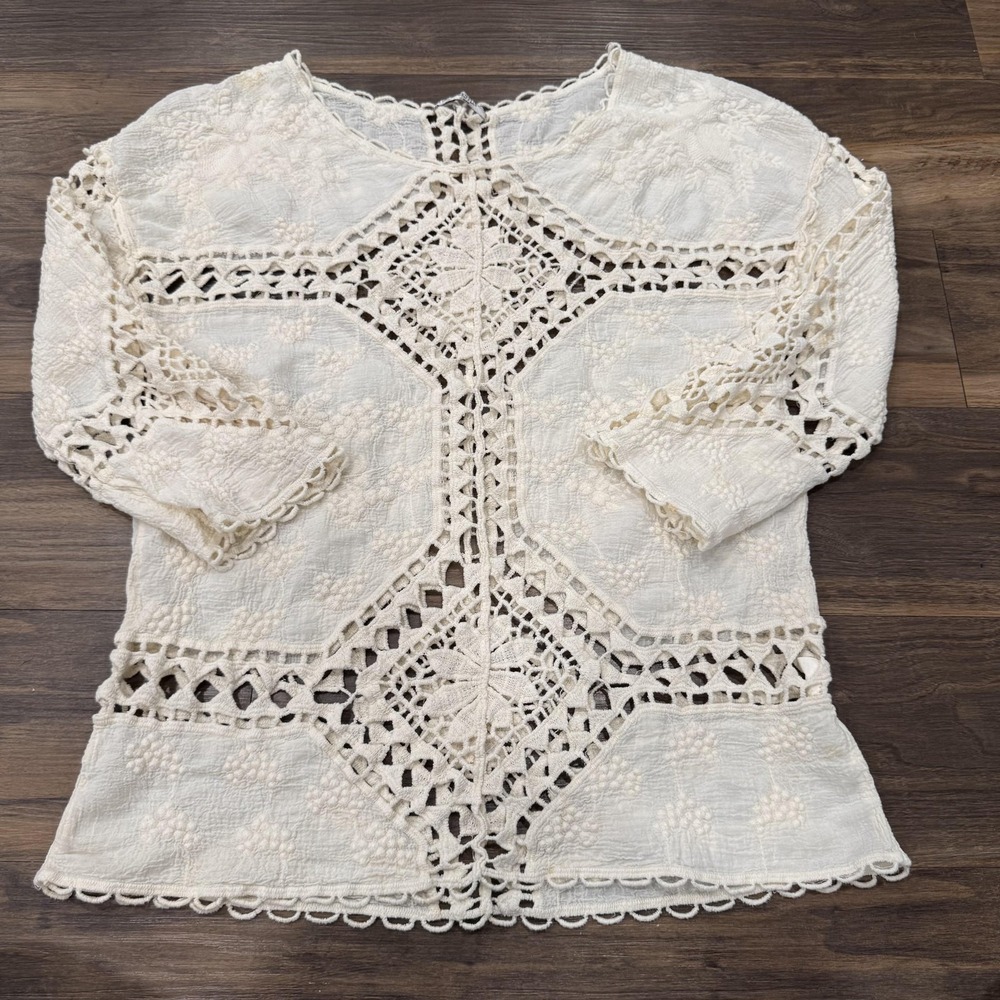 Griffin Paris Blouse Womens S/M Beige Crochet Festival Floral Tunic Boho